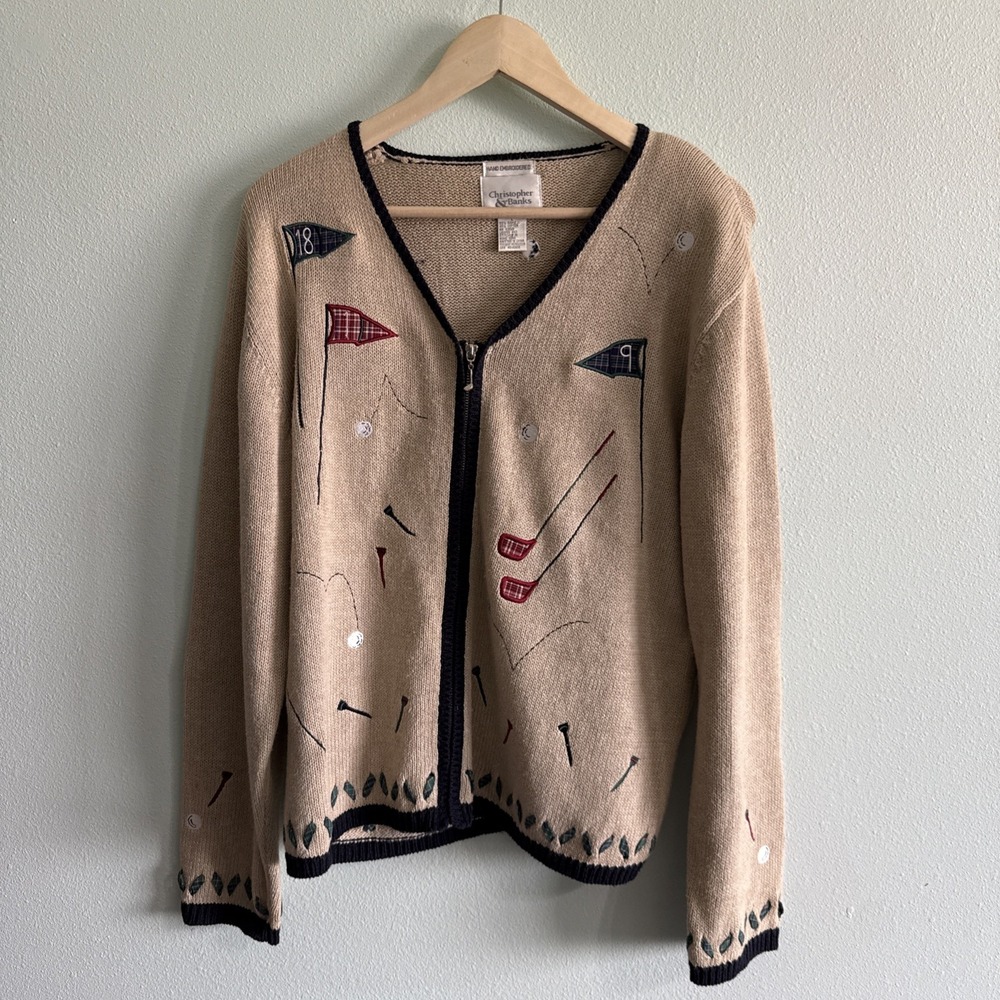 Christopher & Banks Vintage Womens Large Hand Knit Golf Themed Full Zip Cardigan